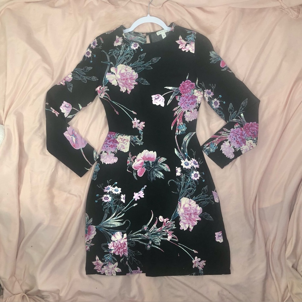 Floral Long Sleeve Black A-Line Dress with Pink Blooms Size XXS XS